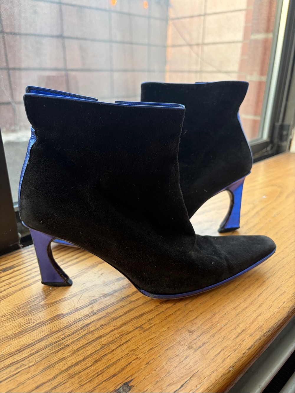 Vintage Fendi Witchy Black Suede Ankle Boots with Metallic Blue Sculpted Heel